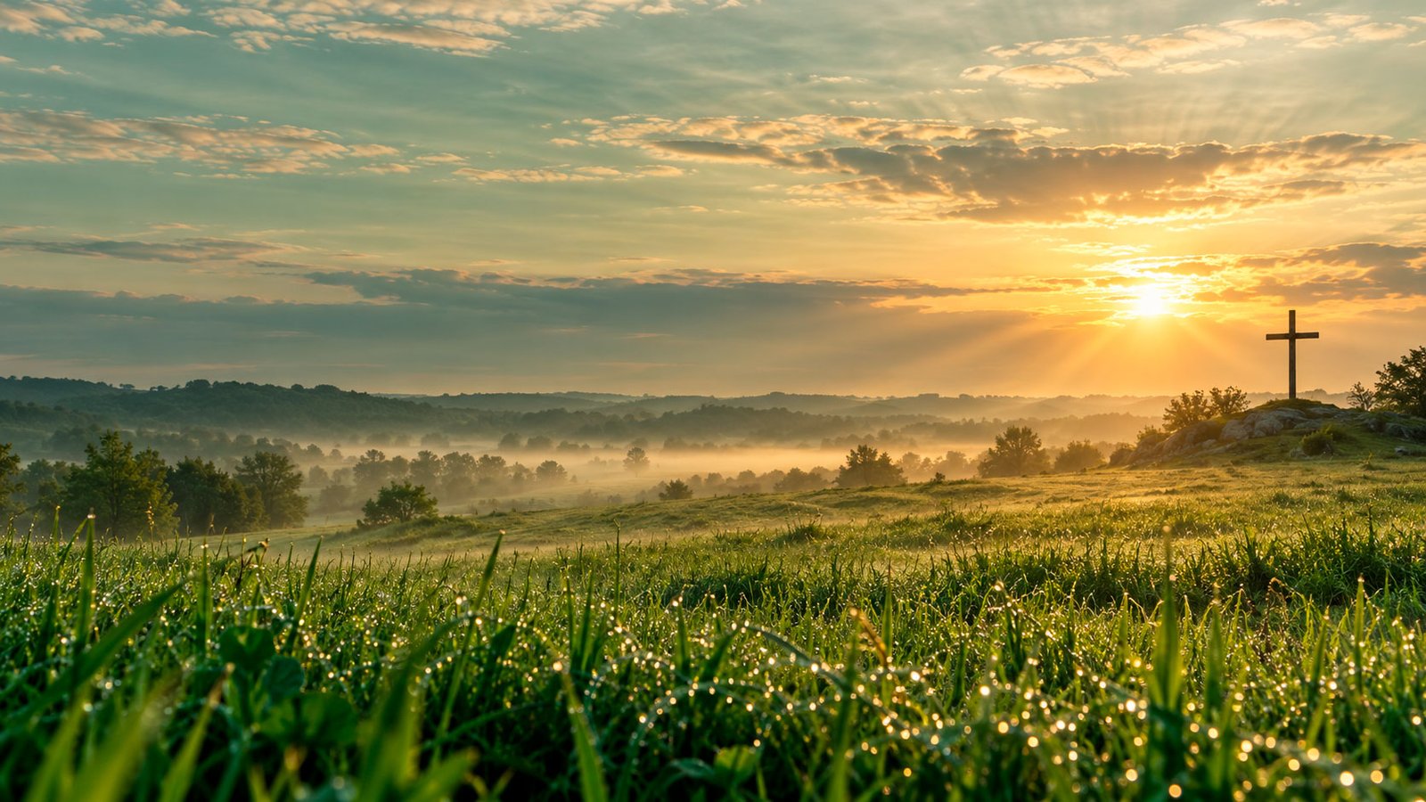Amanhecer dourado sobre campo enevoado, com a cruz no horizonte.